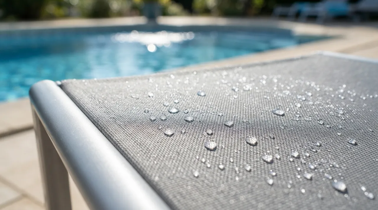 Wassertropfen auf der grauen Textilbespannung einer Bäderliege neben einem Pool