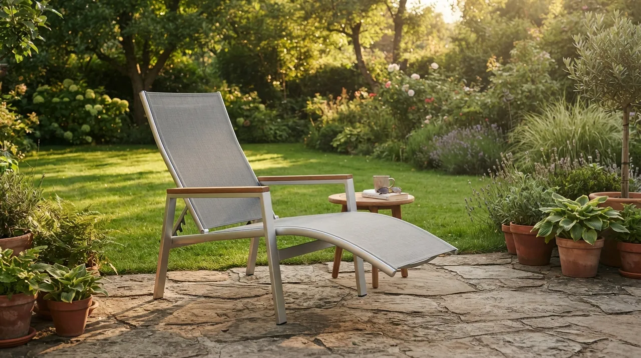 Bäderliege mit Aluminiumgestell und grauer Bespannung auf einer Terrasse im Sommerlicht