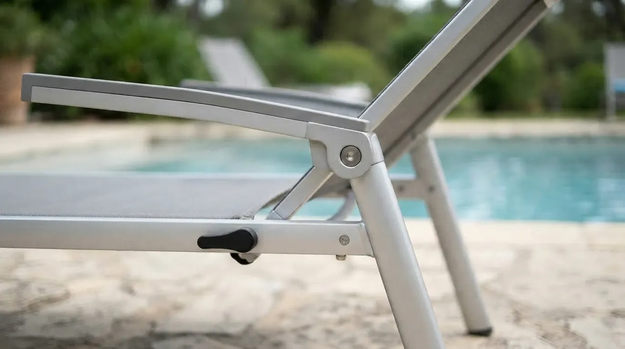 Seitenansicht einer Kippliege aus Aluminium am Pool: Drehgelenk zwischen Armlehne und Rückenlehne, darunter der schwarze Hebel der Arretierung