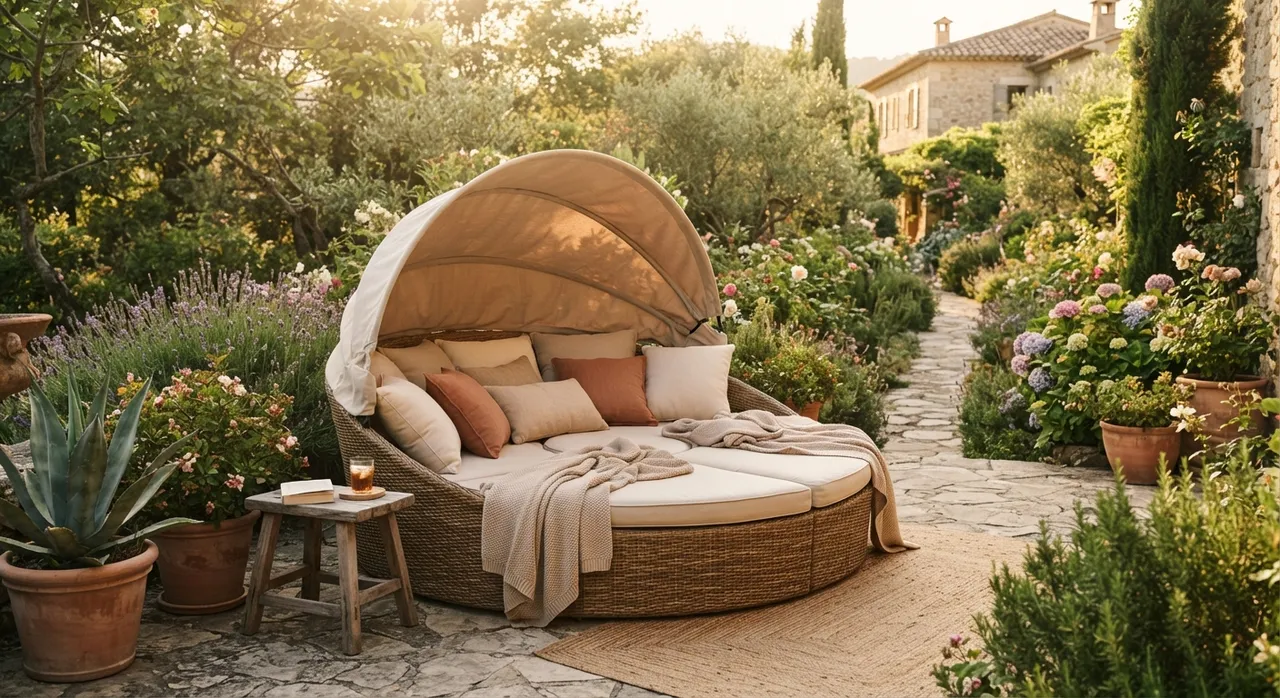 Großzügiges rundes Daybed mit vielen Kissen auf einer Terrasse für mehrere Personen