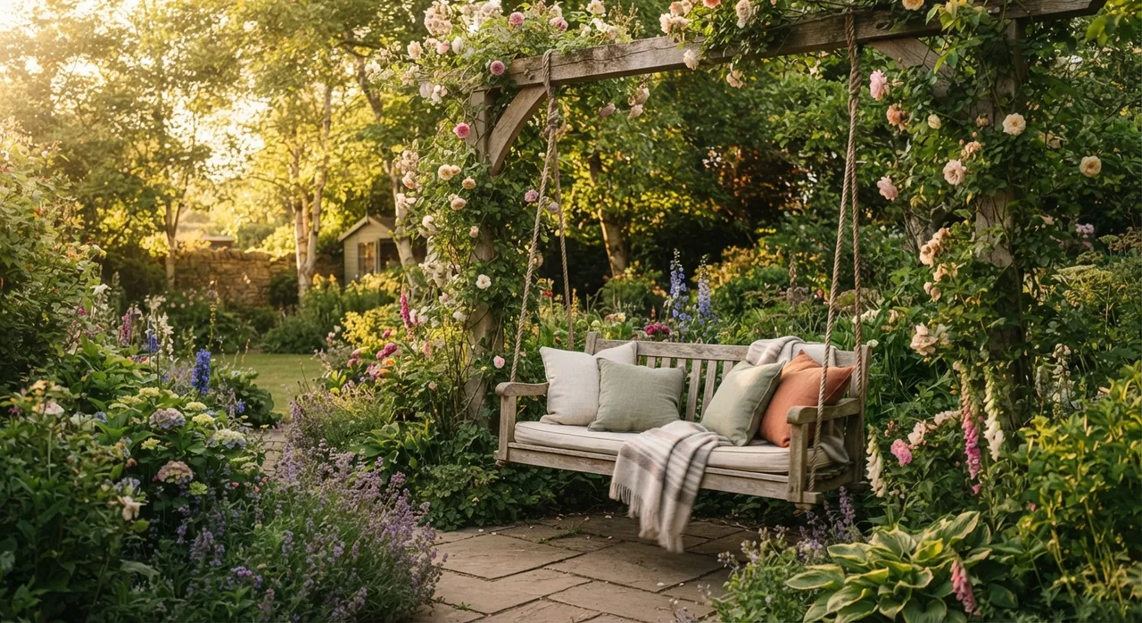 Hölzerne Hollywoodschaukel mit Kissen in einem Garten im warmen Abendlicht