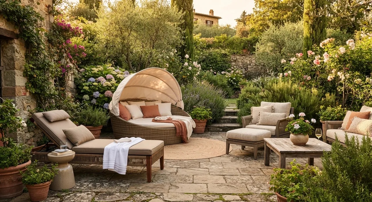 Terrasse mit mehreren unterschiedlichen Liegemöbeln: Sonnenliege, Daybed und Gartenstuhl nebeneinander