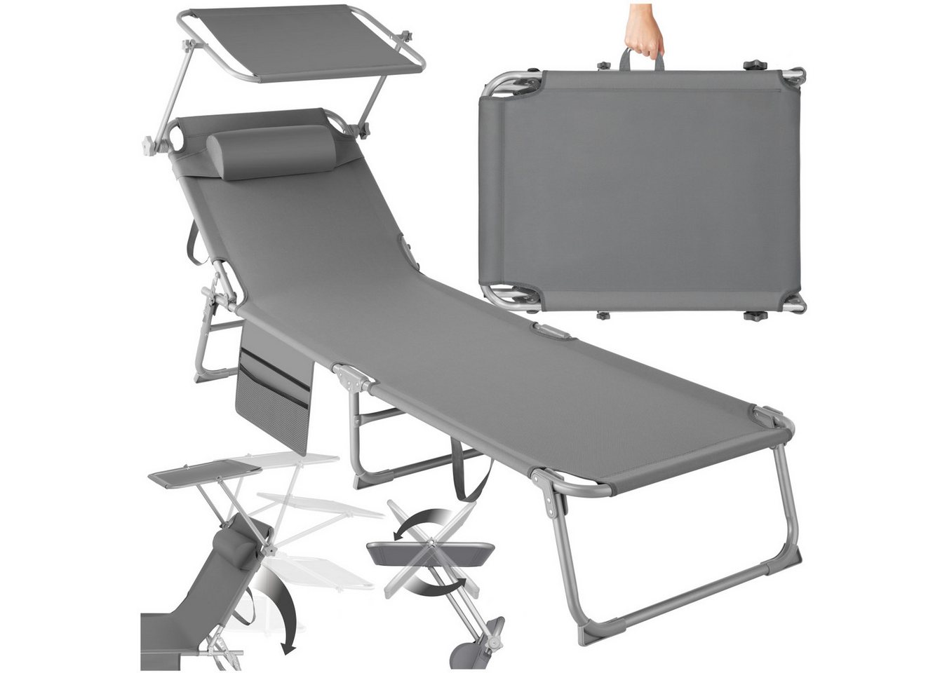 tectake Gartenliege Liegestühle klappbar mit Kopfpolstern, UV-beständig, 190 x 68 x 65, Sonnenliege Chloé, 1 St., in grau, Sonnendach und Rückenlehne verstellbar, widerstandsfähig