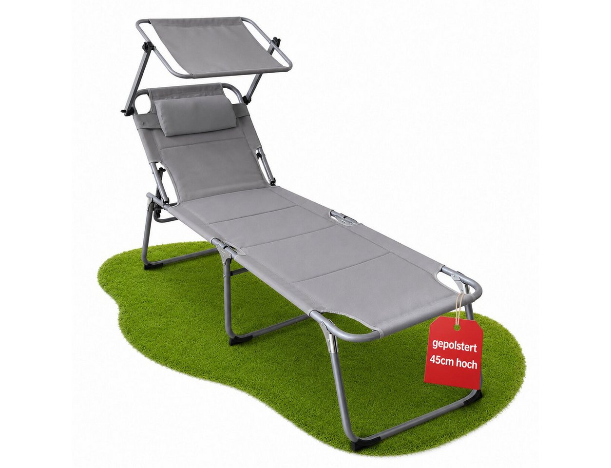 BigDean Gartenliege Sonnenliege klappbar gepolstert mit Kopfkissen Sonnendach 150kg, Packung, 1 St., Sonnenliege, Vielsietig Einsetzbar, Erhöte liege, Verstellbares Sonnendach